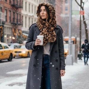 # B003 Leopard Print Faux Fur Scarf Pearls Jennifer & Co. Wrap Neck Warm